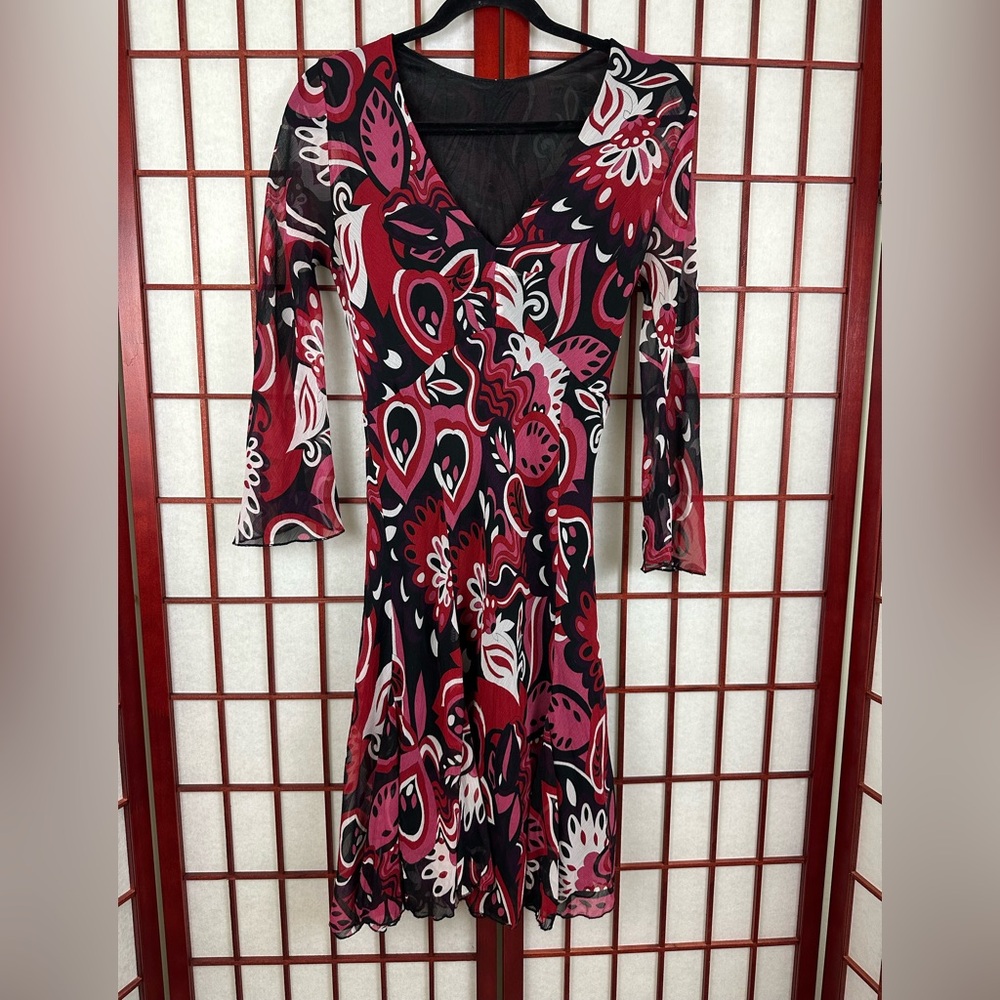 Y2K Groovy Romantic Geometric Pink Red Long Sleeve Fairy Knee Length Dress